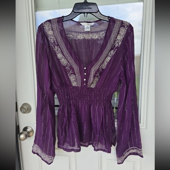 WD.NY 100% Silk Blouse Size 14 Purple Whilte Embroidered Flare Long Sleeves Y2k - Picture 4 of 14